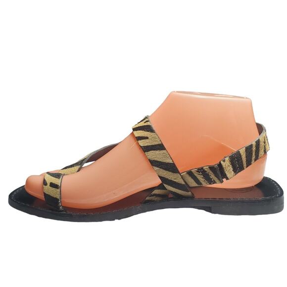 Massimo Dutti Womens Zebra Print Leather Sandals 37 6.5 Brown Black Casual Flat - Picture 9 of 9